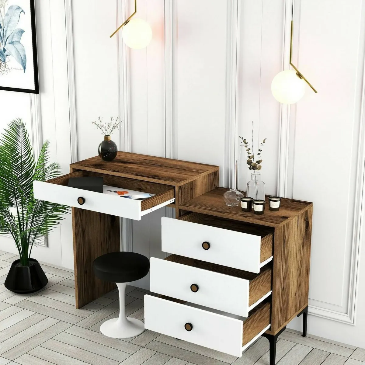 Consolle|Salotto > Dmora Consolle da trucco 124x40x84h cm noce e bianco - Artegna Bianco, Marrone Noce