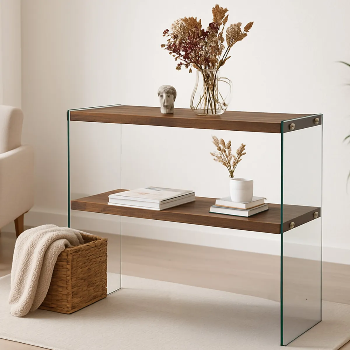 Consolle|Salotto > Dmora Consolle in legno e vetro 90x30x80h cm noce - Doha Marrone Noce