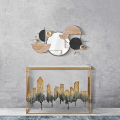 Consolle > Dmora Consolle oro Grigio un Ripiano Piano con Profilo di Città 110x39x81h cm, Materiale Struttura in Vetro - Elda Grigio, Oro