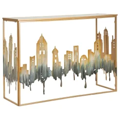Consolle > Dmora Consolle oro Grigio un Ripiano Piano con Profilo di Città 110x39x81h cm, Materiale Struttura in Vetro - Elda Grigio, Oro