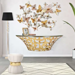 Consolle > Dmora Consolle oro Trasparente un Ripiano Base con Decorazione con Farfalle 120x41x37h cm, Materiale Struttura in Vetro - Azrou Trasparente, Oro
