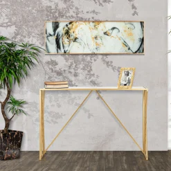 Consolle > Dmora Consolle oro Trasparente un Ripiano Materiale Struttura in Vetro 120x41x81h cm, Colore Ripiano Trasparente - Rankin Trasparente, Oro