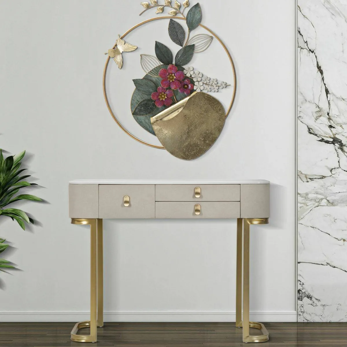 Consolle > Dmora Consolle 100x40x80h cm crema e oro - Ronda Oro, Bianco Crema