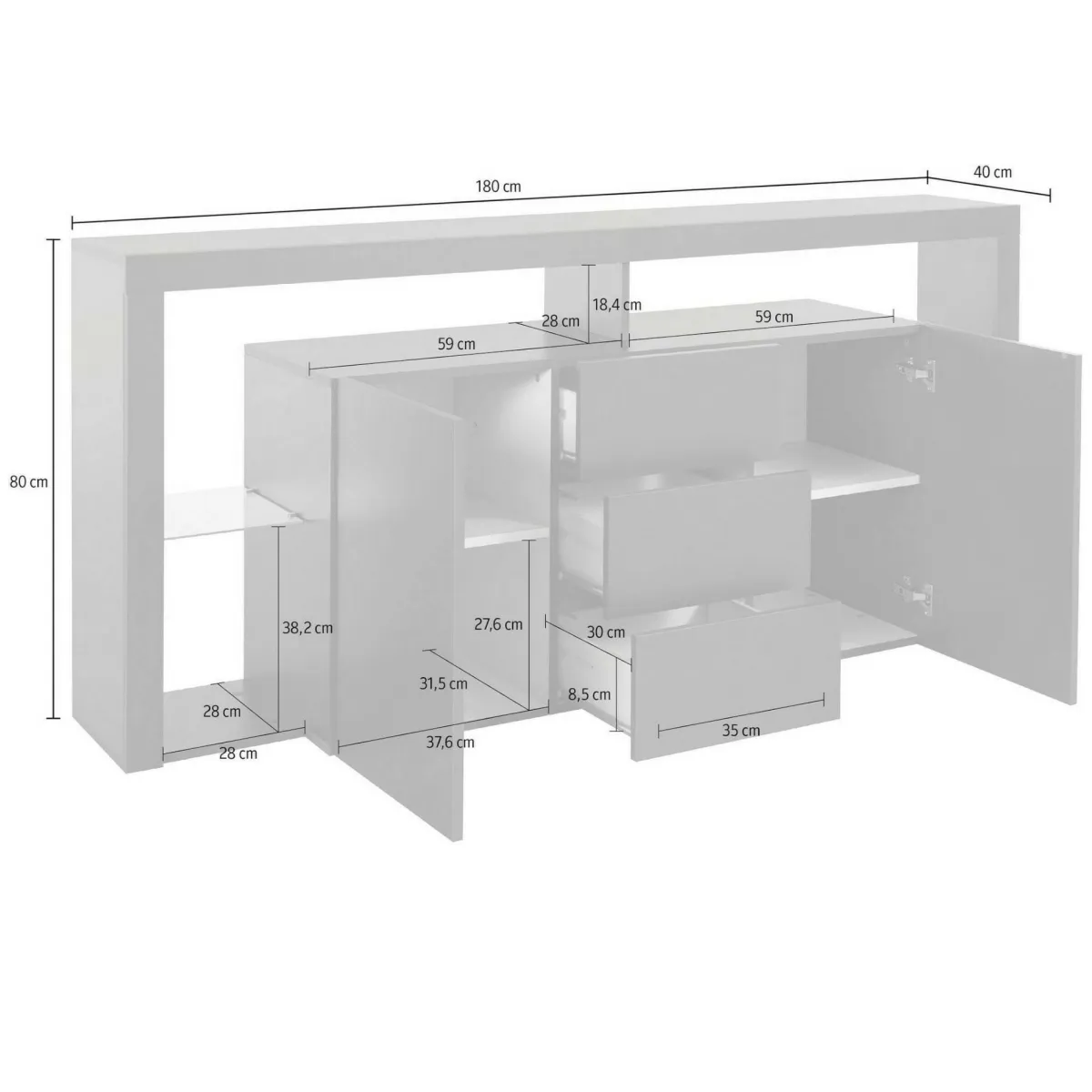Cucina|Salotto > Dmora Credenza Aba, 180x40h80 cm, lucido Bianco
