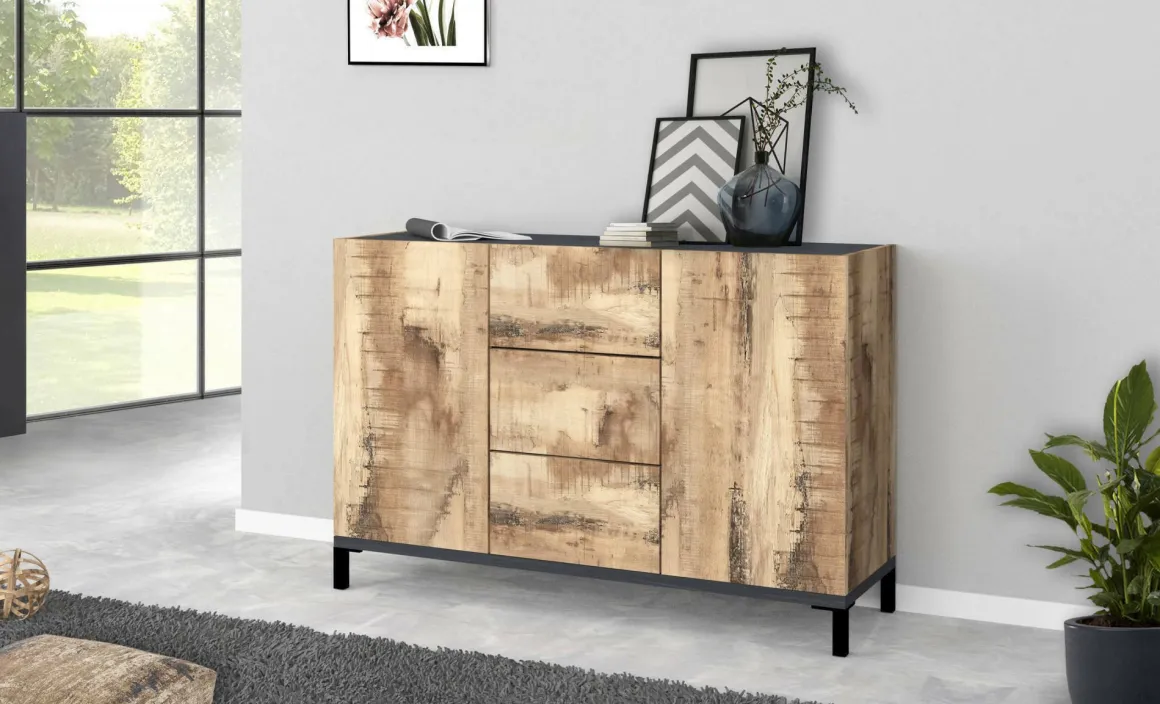 Credenza acero e ardesia 120x40x80h cm 2 ante e 3 cassetti - Jessie