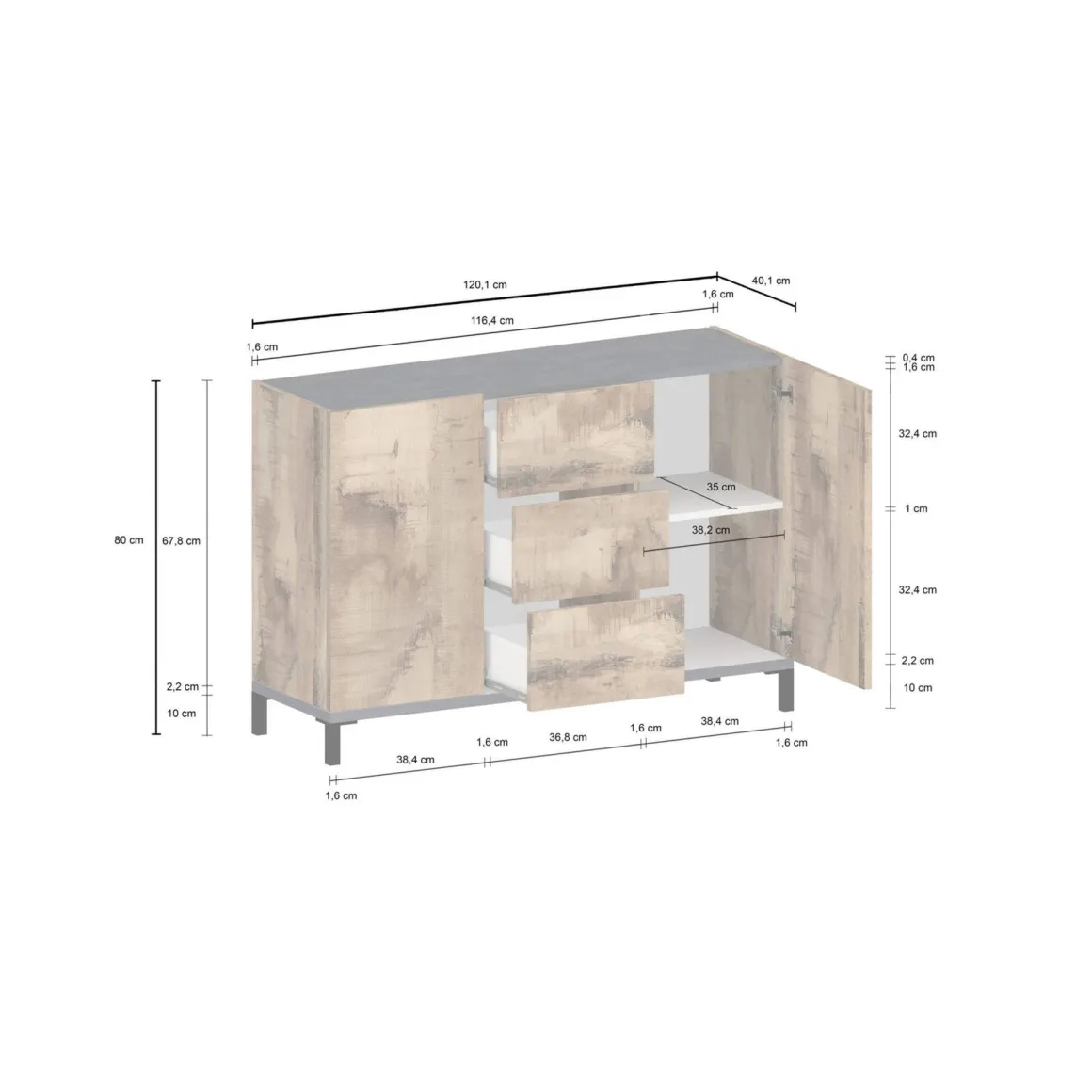 Credenza acero e ardesia 120x40x80h cm 2 ante e 3 cassetti - Jessie