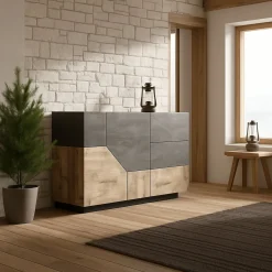 Credenza acero e ardesia 141x43x86h cm 2 ante e 3 cassetti - All