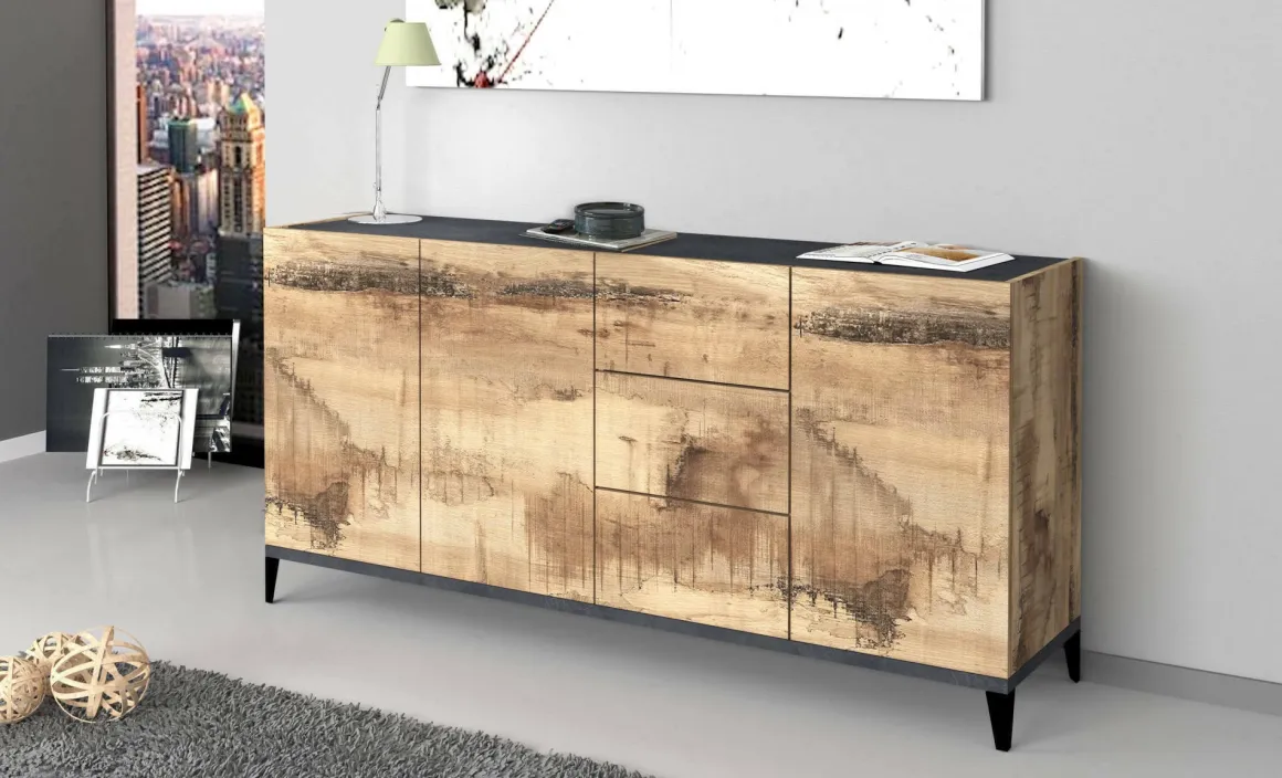 Cucina|Salotto > Dmora Credenza acero e ardesia 160x40x82h cm 4 ante - Ashley Grigio Ardesia, Marrone Acero