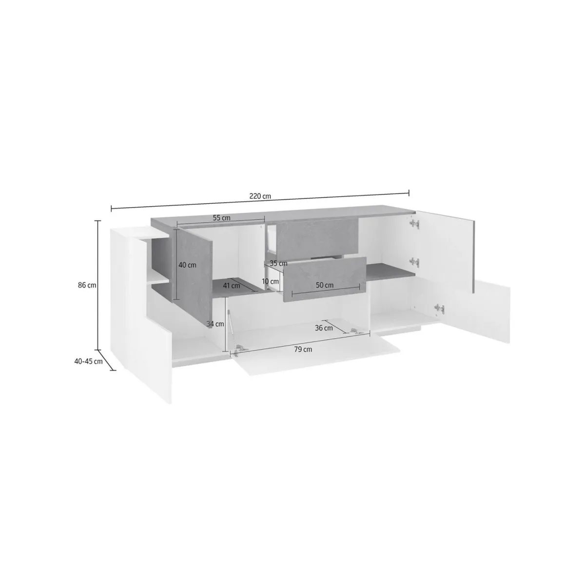 Cucina|Salotto > Dmora Credenza Akirum, cm 220x45h86, Bianco lucido e Ardesia Grigio Ardesia, Bianco Lucido