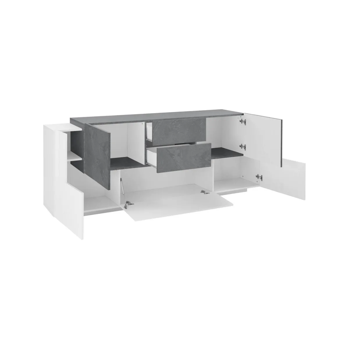 Cucina|Salotto > Dmora Credenza Akirum, cm 220x45h86, Bianco lucido e Ardesia Grigio Ardesia, Bianco Lucido