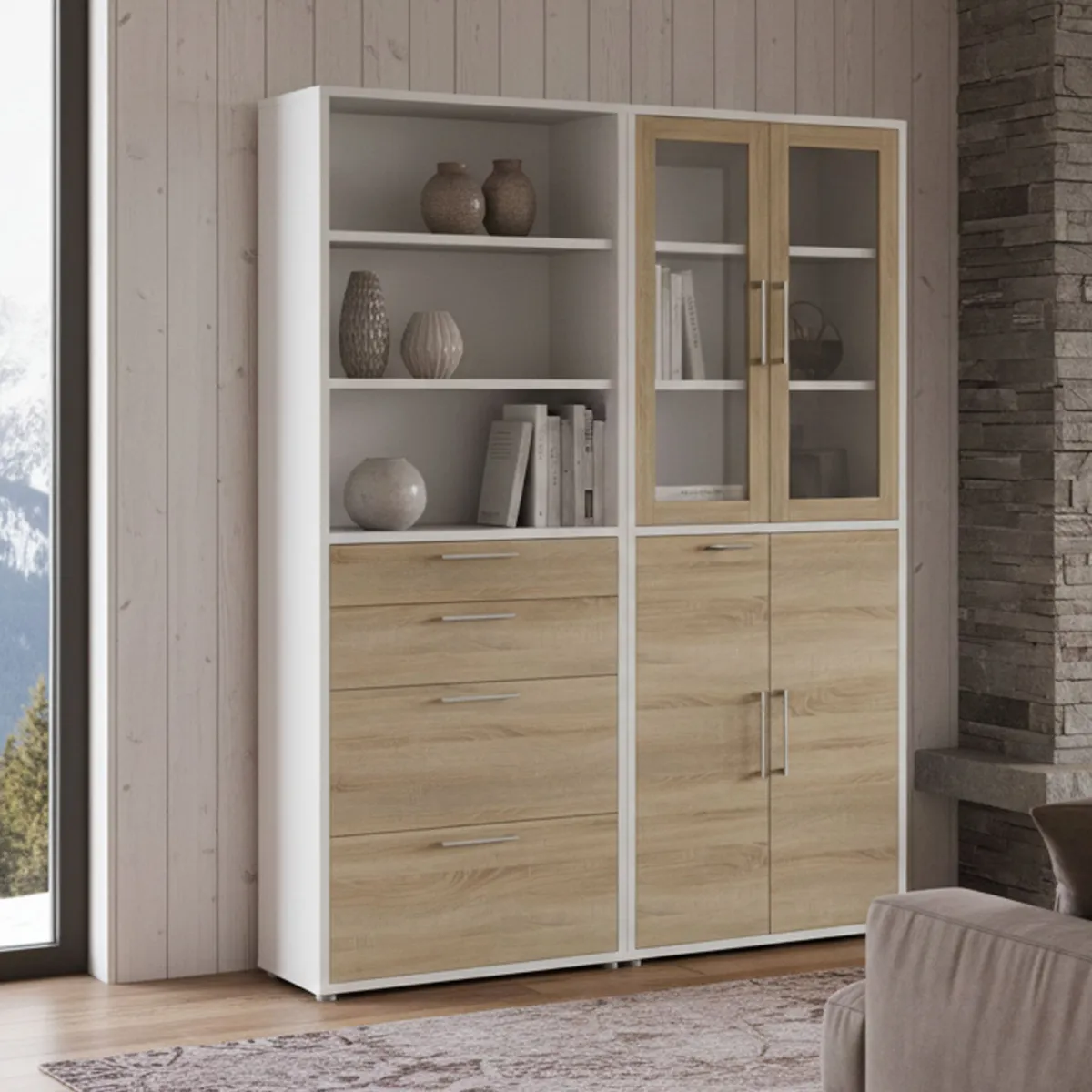 Madie|Credenze > Dmora Credenza alta bianca e quercia 178x40x221h cm 4 ante e 4 cassetti - Embabane Marrone, Bianco Quercia