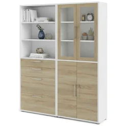 Madie|Credenze > Dmora Credenza alta bianca e quercia 178x40x221h cm 4 ante e 4 cassetti - Embabane Marrone, Bianco Quercia