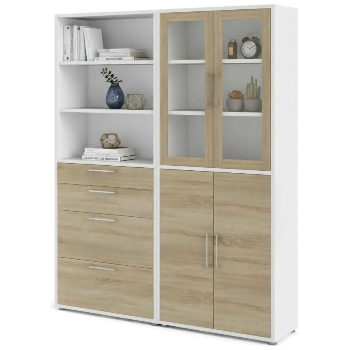 Madie|Credenze > Dmora Credenza alta bianca e quercia 178x40x221h cm 4 ante e 4 cassetti - Embabane Marrone, Bianco Quercia