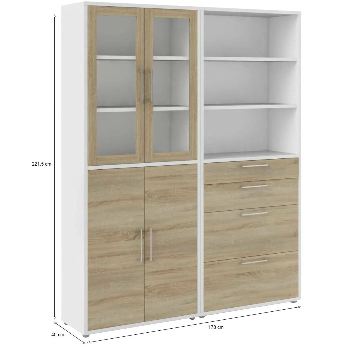 Madie|Credenze > Dmora Credenza alta bianca e quercia 178x40x221h cm 4 ante e 4 cassetti - Embabane Marrone, Bianco Quercia