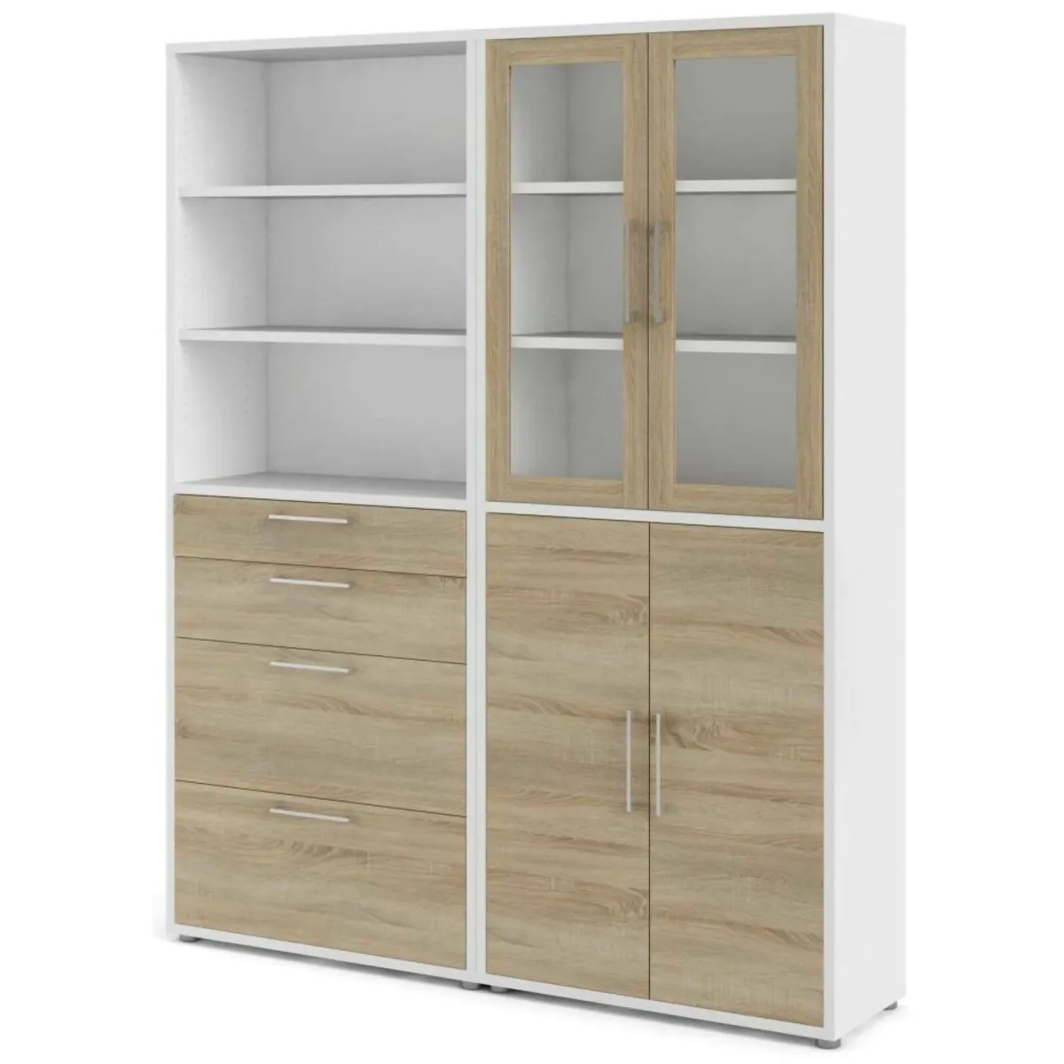 Madie|Credenze > Dmora Credenza alta bianca e quercia 178x40x221h cm 4 ante e 4 cassetti - Embabane Marrone, Bianco Quercia