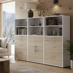 Credenza alta bianca e quercia 267x40x185h cm 2 ante e 8 cassetti - Vinovo