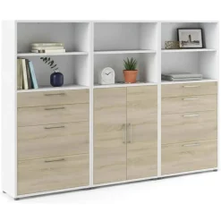 Credenza alta bianca e quercia 267x40x185h cm 2 ante e 8 cassetti - Vinovo
