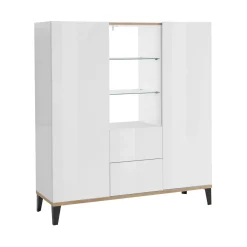 Credenza alta bianco lucida e acero 120x40x132h cm 2 ante e 2 cassetti - Scirocco