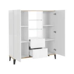 Credenza alta bianco lucida e acero 120x40x132h cm 2 ante e 2 cassetti - Scirocco