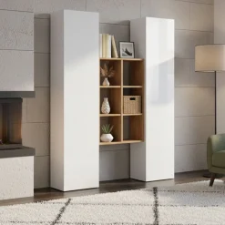 Credenza alta bianco lucida e acero 40x30x180h cm 2 ante - Danila