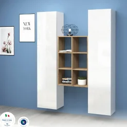 Credenza alta bianco lucida e acero 40x30x180h cm 2 ante - Danila