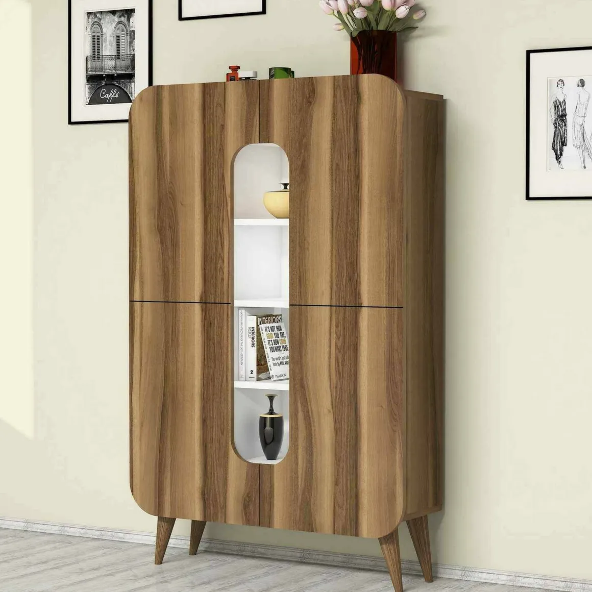 Credenza alta noce e bianca 93x31x144h cm 2 ante - Novella