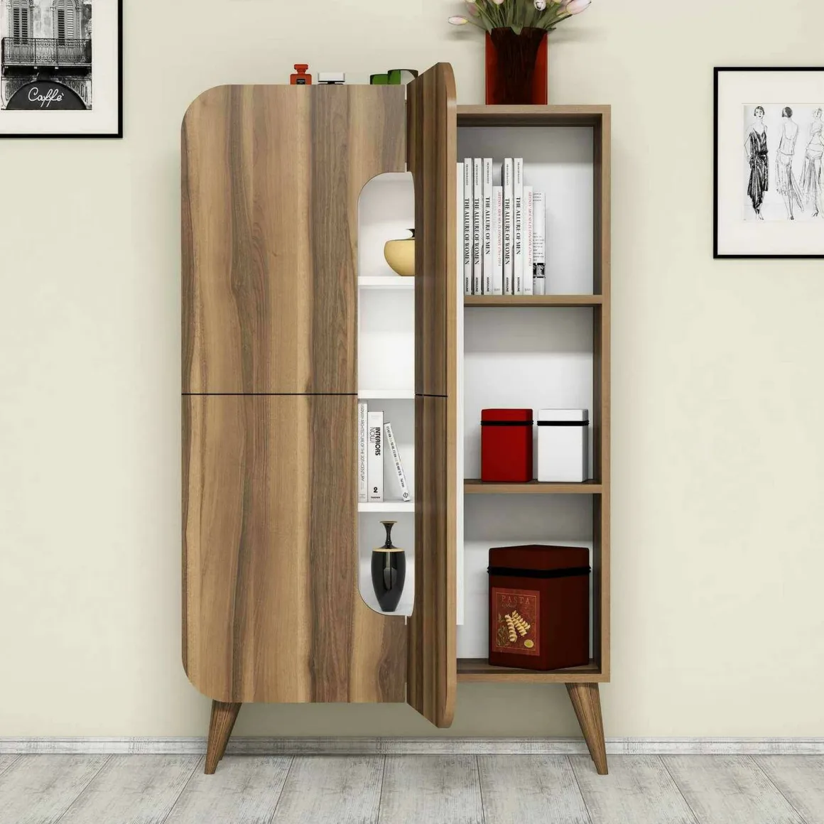 Credenza alta noce e bianca 93x31x144h cm 2 ante - Novella