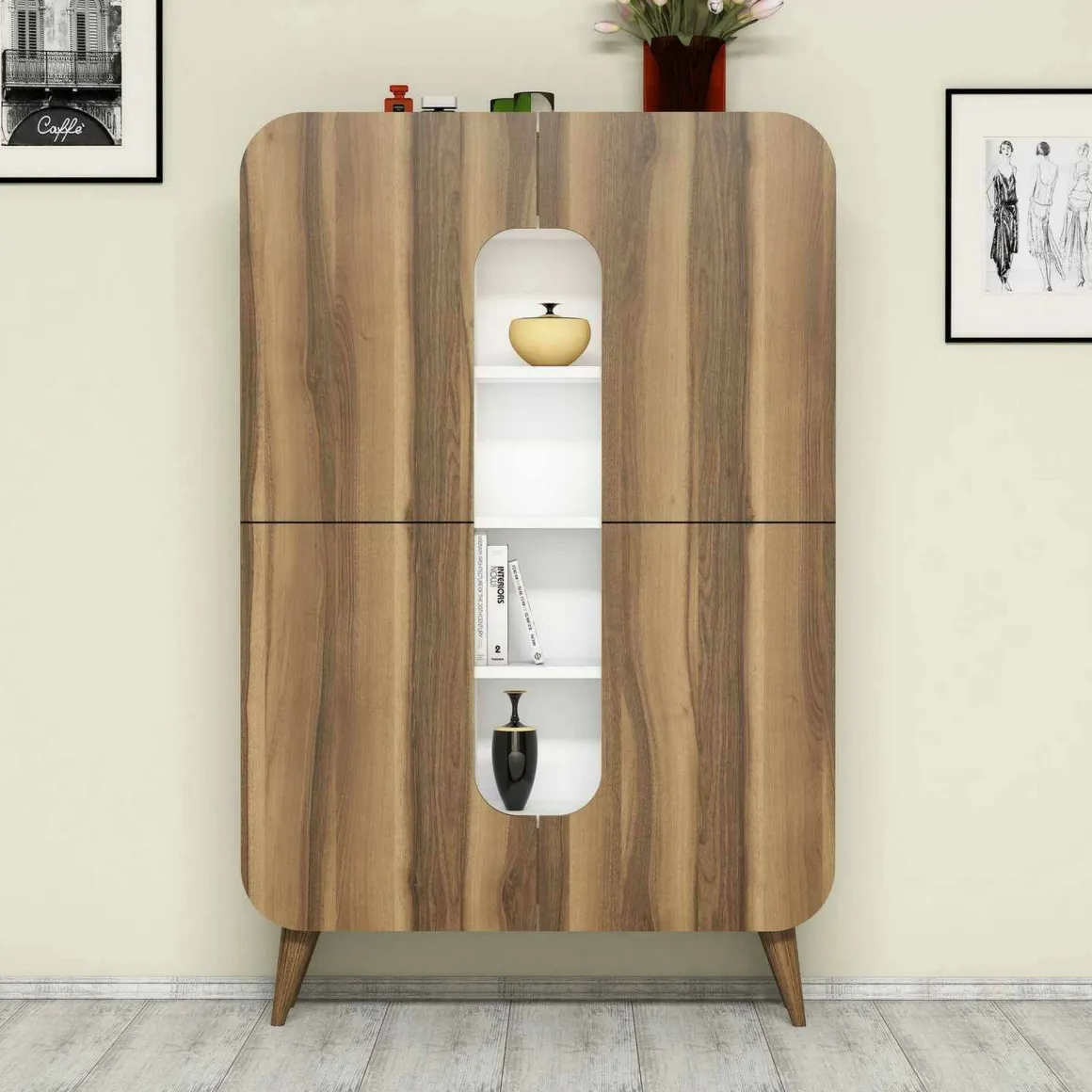 Credenza alta noce e bianca 93x31x144h cm 2 ante - Novella