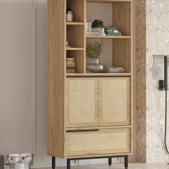 Madie|Credenze > Dmora Credenza alta noce e quercia 74x35x161h cm 2 ante - Vinta Marrone Quercia, Marrone Noce