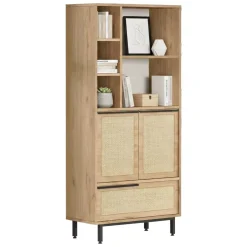 Madie|Credenze > Dmora Credenza alta noce e quercia 74x35x161h cm 2 ante - Vinta Marrone Quercia, Marrone Noce