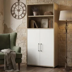 Madie|Credenze > Dmora Credenza alta quercia e bianca 89x40x186h cm 2 ante - Saotome Bianco, Marrone Quercia