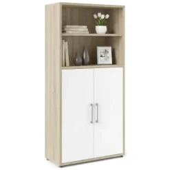 Madie|Credenze > Dmora Credenza alta quercia e bianca 89x40x186h cm 2 ante - Saotome Bianco, Marrone Quercia