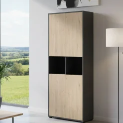 Madie|Credenze > Dmora Credenza alta rovere e grigia 79x34x204h cm 4 ante - Pierre Grigio, Marrone Rovere