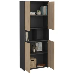 Madie|Credenze > Dmora Credenza alta rovere e grigia 79x34x204h cm 4 ante - Pierre Grigio, Marrone Rovere