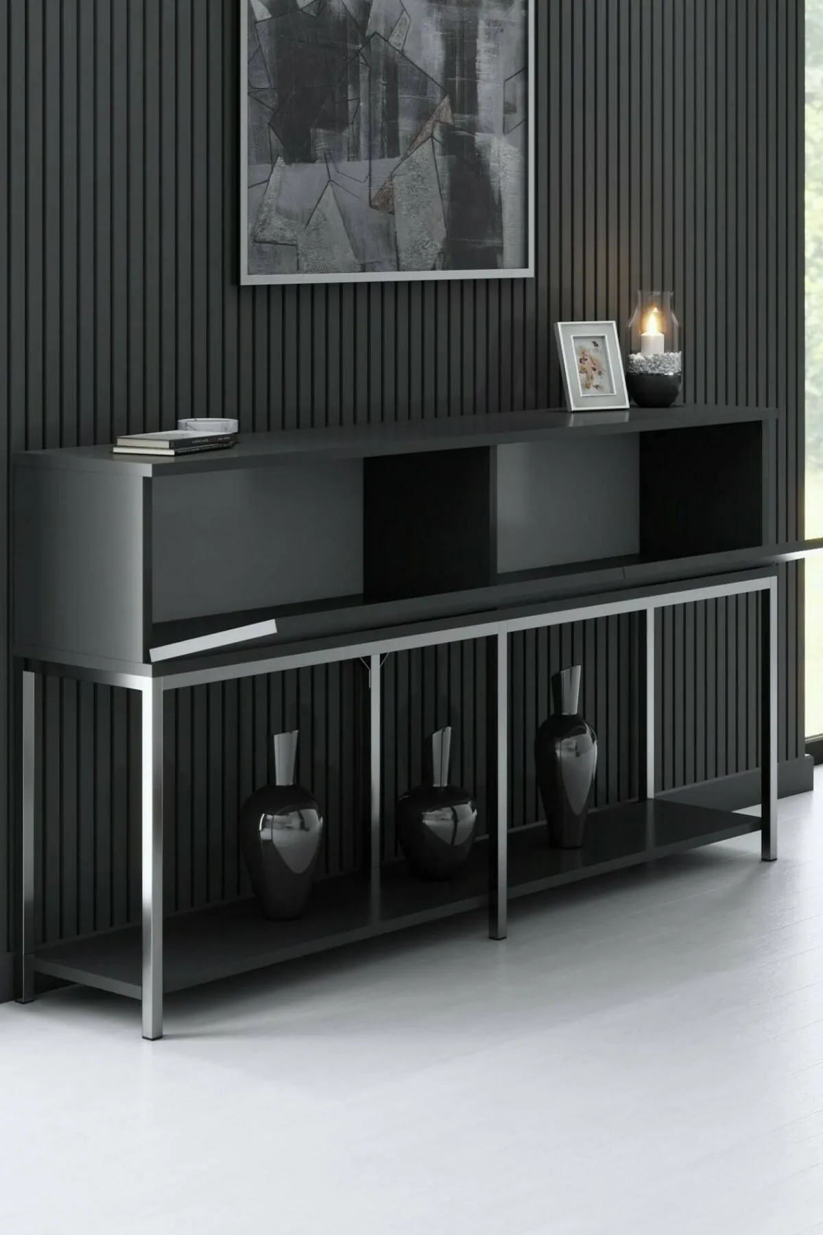 Cucina|Madie > Dmora Credenza antracite e argento 150x30x80h cm 2 ante - Basilia Argento, Nero Antracite