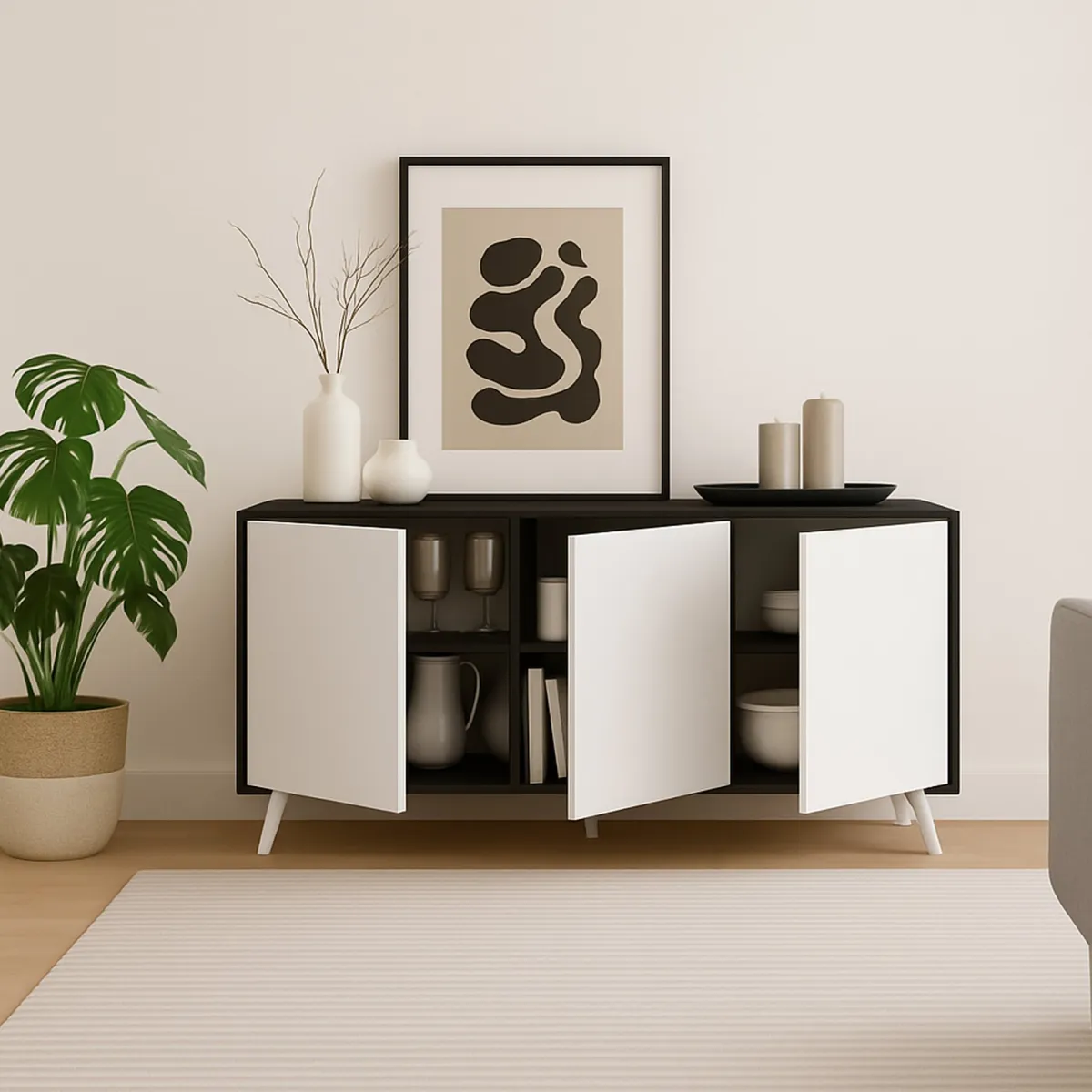 Madie|Credenze > Dmora Credenza antracite e bianca 153x39x72h cm 3 ante - Annina Bianco, Nero Antracite