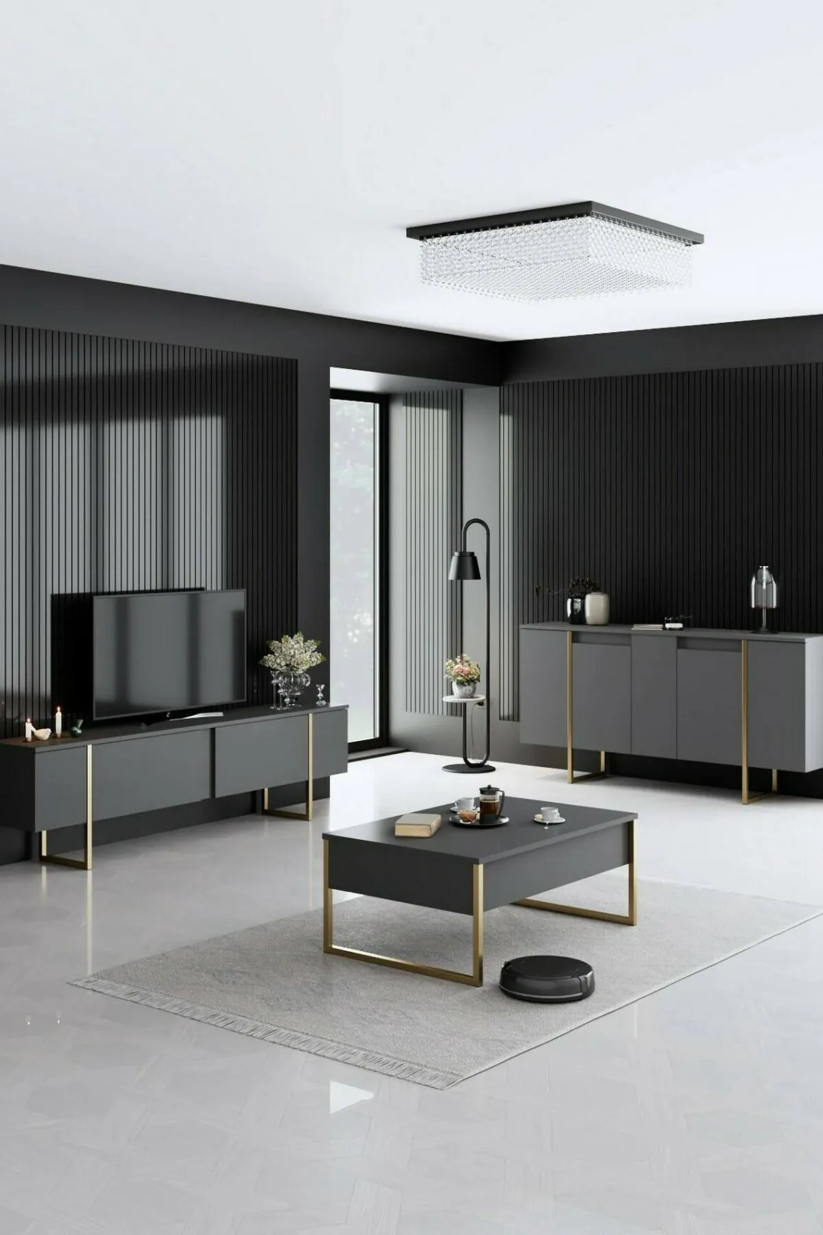 Cucina|Madie > Dmora Credenza antracite e oro 160x35x80h cm 4 ante - Arta Oro, Nero Antracite