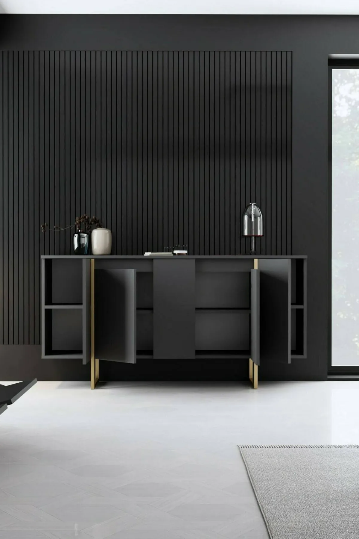 Cucina|Madie > Dmora Credenza antracite e oro 160x35x80h cm 4 ante - Arta Oro, Nero Antracite