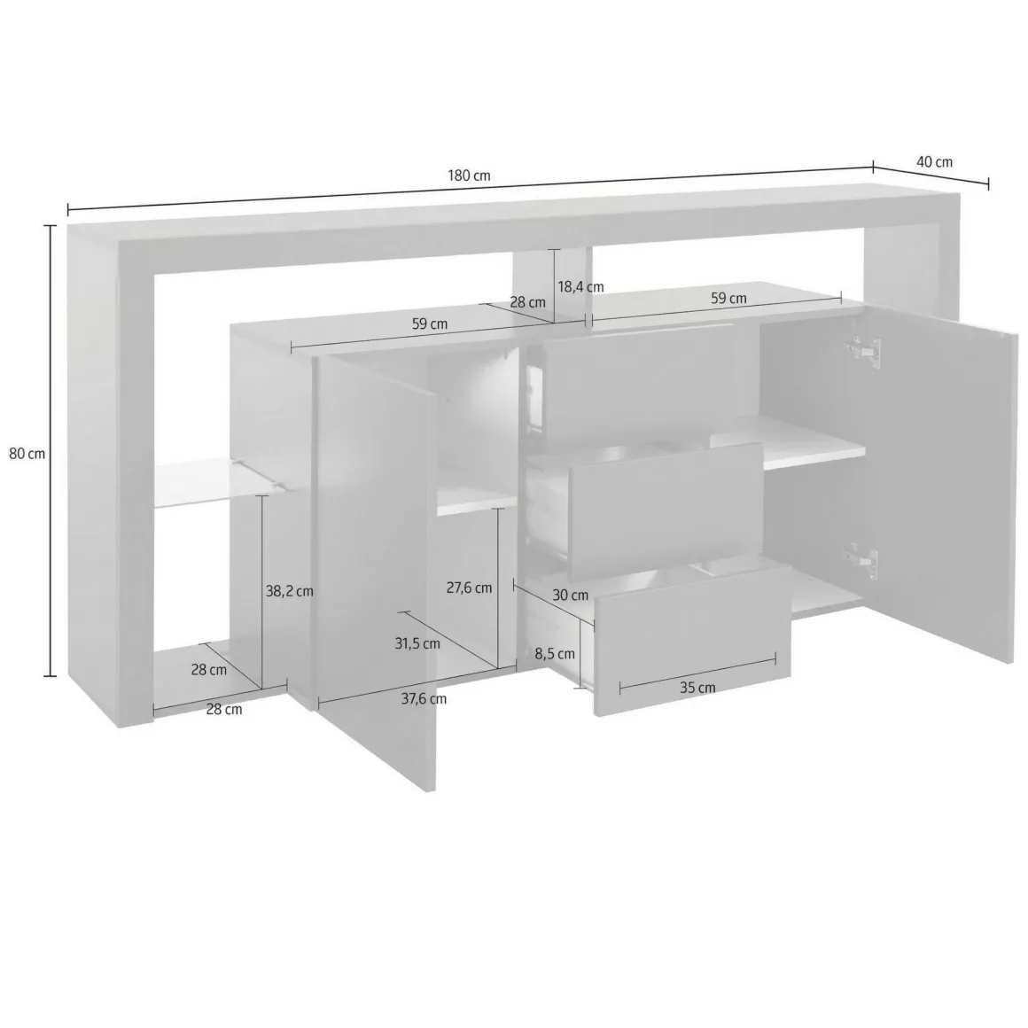 Credenza antracite 180x40x80h cm 2 ante e 3 cassetti - Aba
