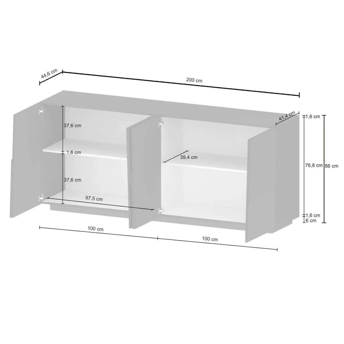 Credenza antracite 200x44x86h cm 4 ante - Arda