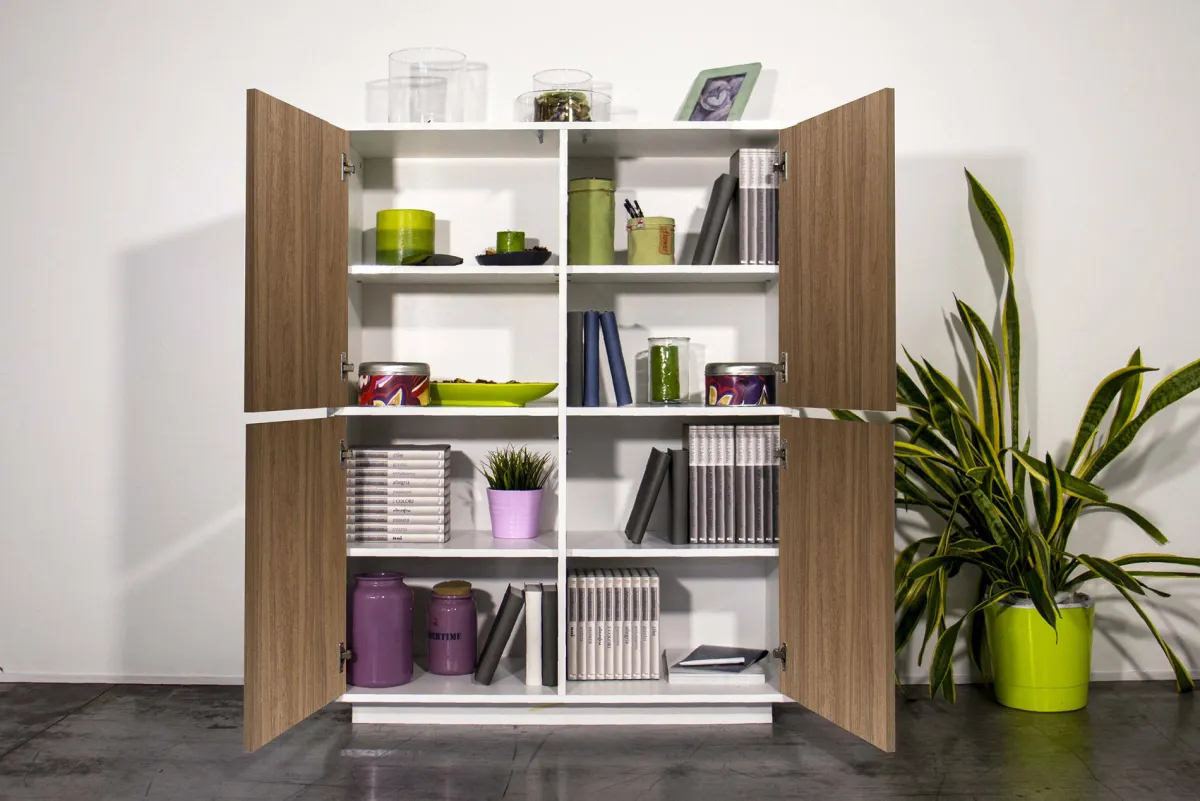 Cucina|Salotto > Dmora Credenza Ara, cm 100x41h126, Bianco lucido e Noce Marrone Noce, Bianco Lucido