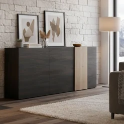 Madie|Credenze > Dmora Credenza ardesia e noce 181x44x86h cm 3 ante - Jerry Marrone Noce, Grigio Ardesia