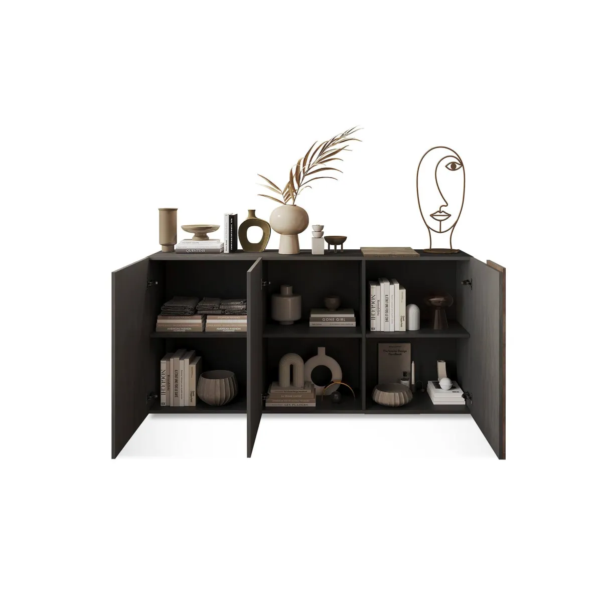 Madie|Credenze > Dmora Credenza ardesia e noce 181x44x86h cm 3 ante - Jerry Marrone Noce, Grigio Ardesia