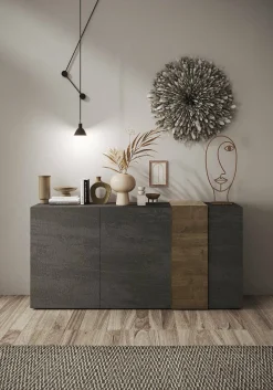 Madie|Credenze > Dmora Credenza ardesia e noce 181x44x86h cm 3 ante - Jerry Marrone Noce, Grigio Ardesia