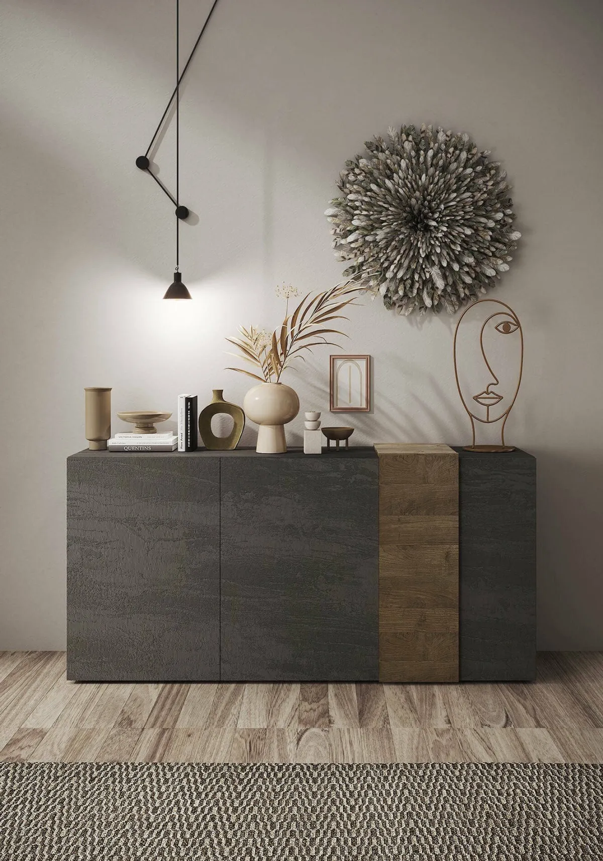 Madie|Credenze > Dmora Credenza ardesia e noce 181x44x86h cm 3 ante - Jerry Marrone Noce, Grigio Ardesia