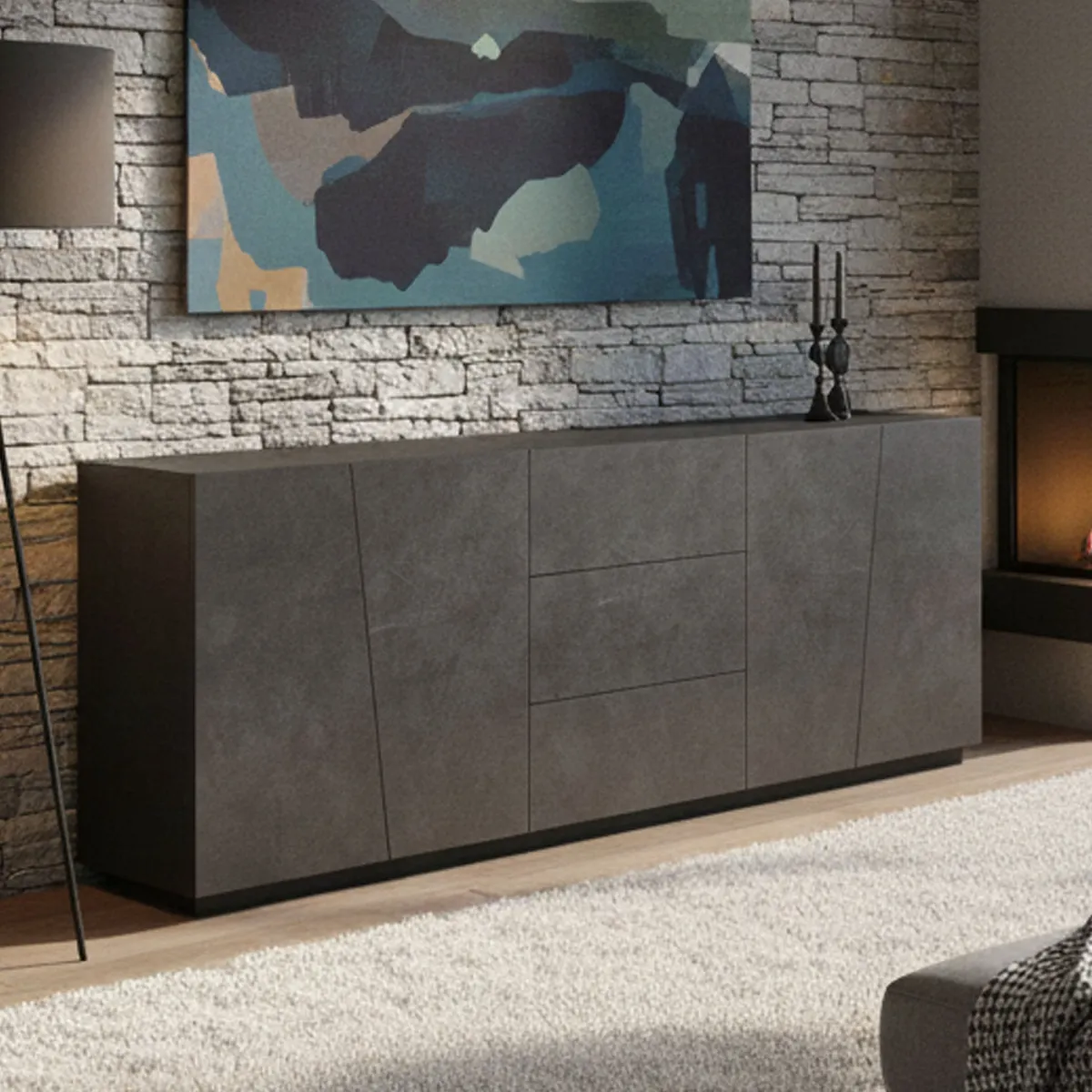 Cucina|Madie > Dmora Credenza ardesia 220x43x86h cm 4 ante e 3 cassetti - Ayrton Grigio Ardesia