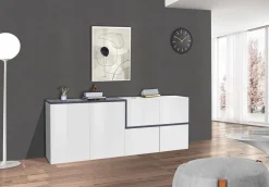 Credenza Asaba, cm 210x40h80, Bianco lucido e Ardesia
