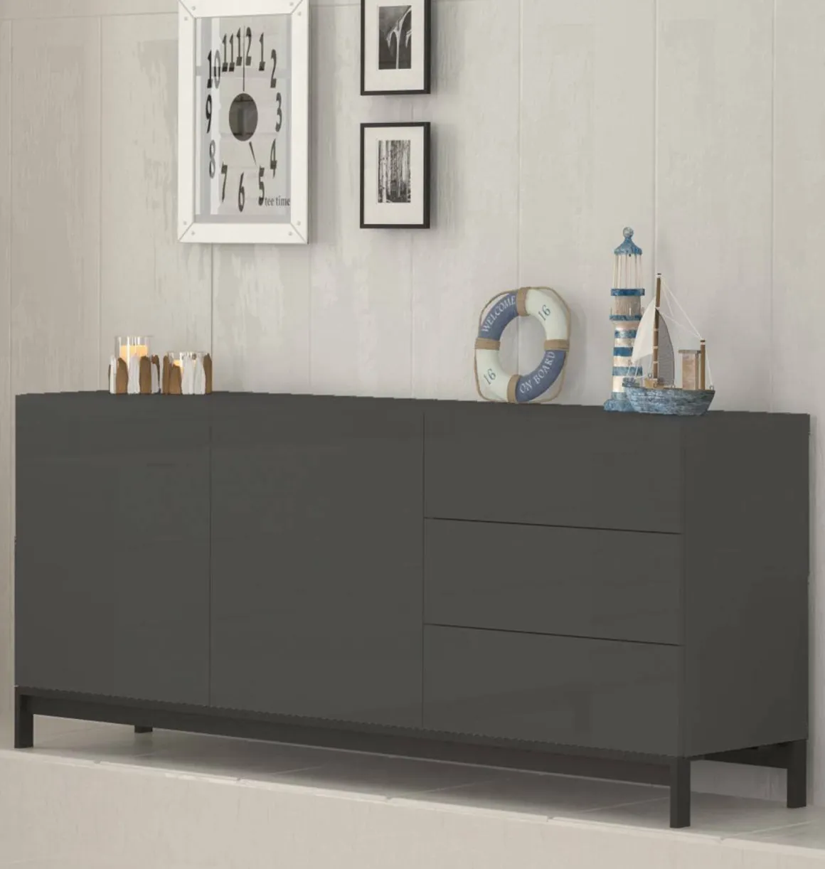 Credenza bassa antracite lucida 170x40x47h cm 2 ante e 3 cassetti - Alden