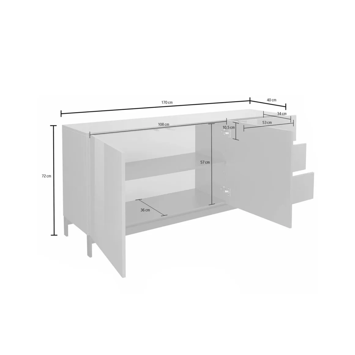 Credenza bassa antracite lucida 170x40x47h cm 2 ante e 3 cassetti - Alden