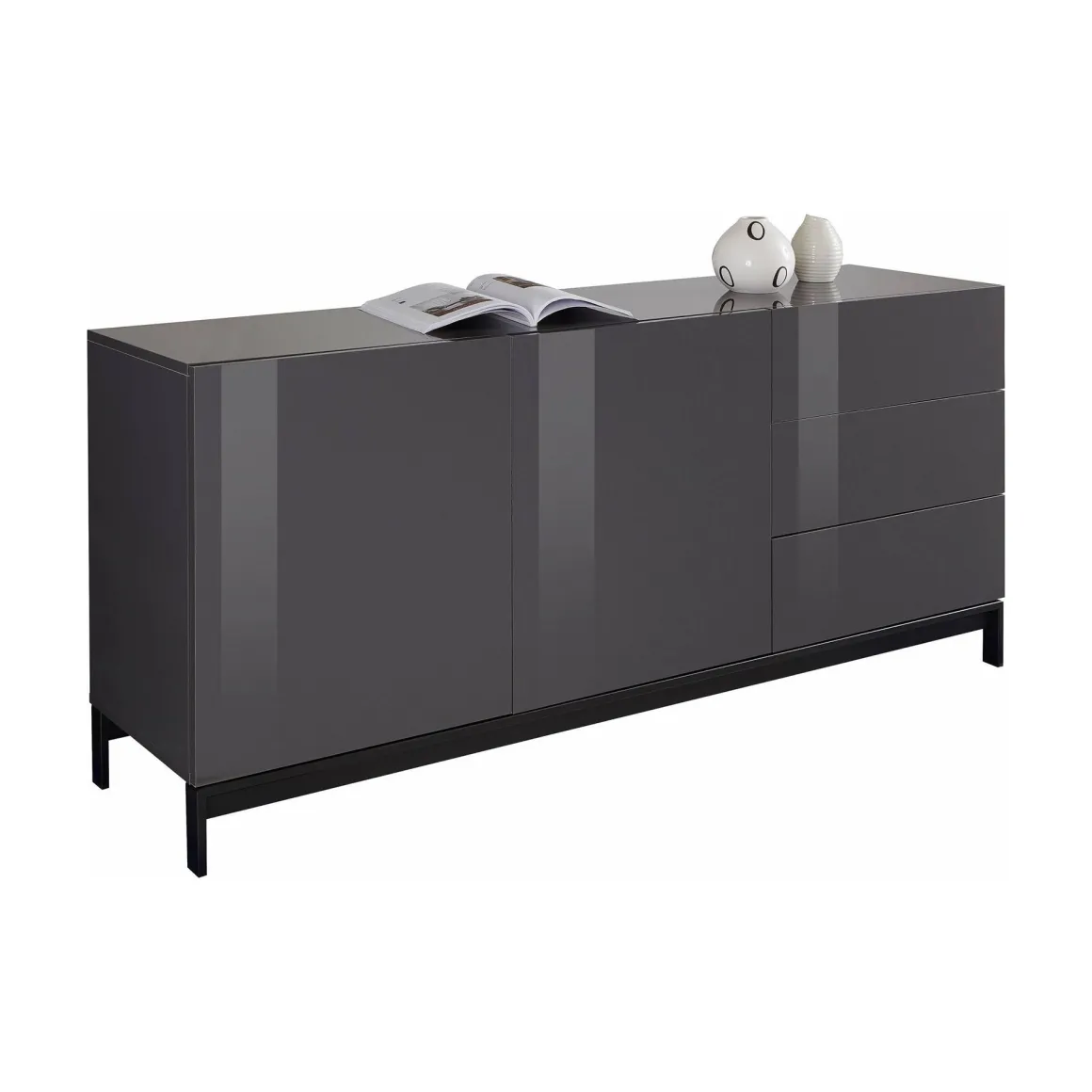 Credenza bassa antracite lucida 170x40x47h cm 2 ante e 3 cassetti - Alden